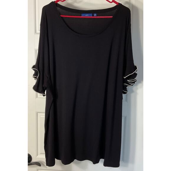 Apt.9 Black Short Ruffle Sleeve W/Pearl Accent Career Travel Party Tunic Top 3X - Picture 1 of 7